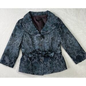 Rickie Freeman Teri Jon Blazer Jacket Womens XS Blue Floral Jacquard Belted Silk